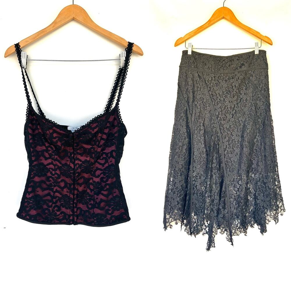 Vintage Y2K Cache Set Bustier Corset Top Black Lace Skirt Whimsygoth Small Large - Picture 2 of 15